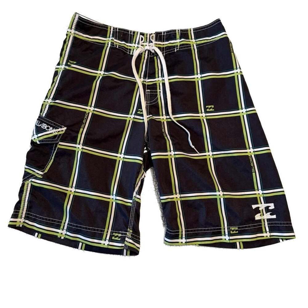 Billabong Men's Plaid Board Shorts Black Green White Size 30